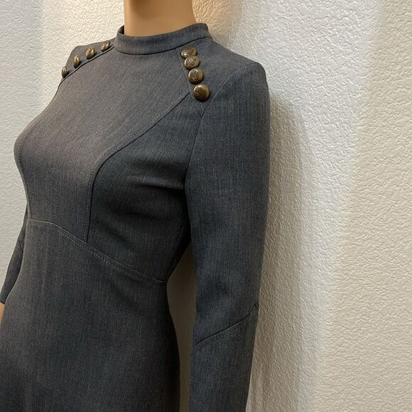 Zara Woman Dress Sz Small Gray 3/4 Sleeve Midi Button Accent Zipper Back Fitted - Picture 4 of 11